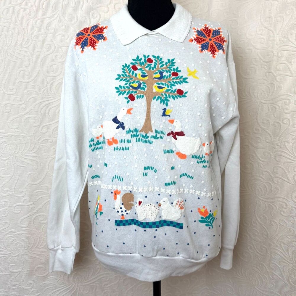 Vintage 1980s Jane Colby Country Farmhouse Holiday Geese Collared Sweatshirt S